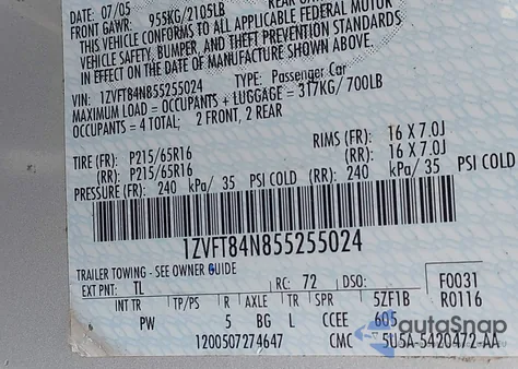 2005 Ford Mustang from USA, damaged, VIN 1ZVFT84N855255024